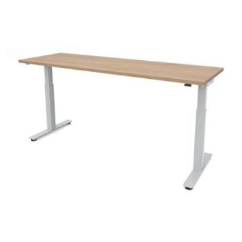 light brown adjustable desk with white legs